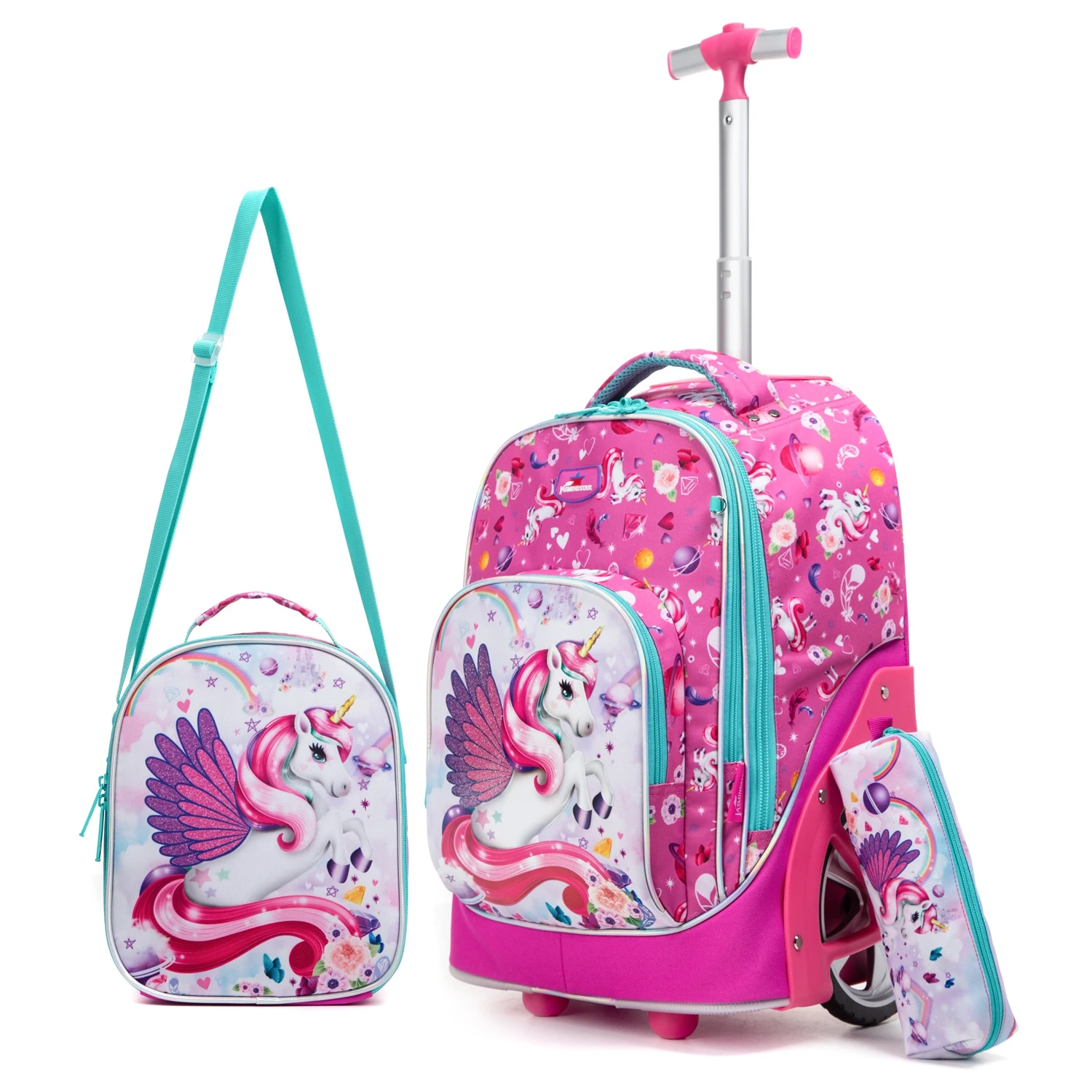 Kawaii 3Pcs Unicorn Rolling Backpack