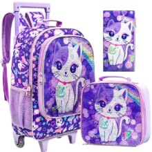 3PCS Rolling Backpack for Girls Kids Roller Wheels Bookbag with Lunch Bag Purple Cat Pattern Design Glow-in-the-Dark Function 3PCS Rolling Backpack for Girls Kids Roller Wheels Bookbag with Lunch Bag Purple Cat Pattern Design Glow-in-the-Dark Function