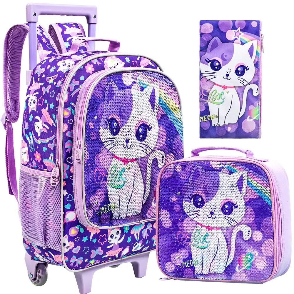 3Pcs Kawaii Cat Printed Rolling Backpack 