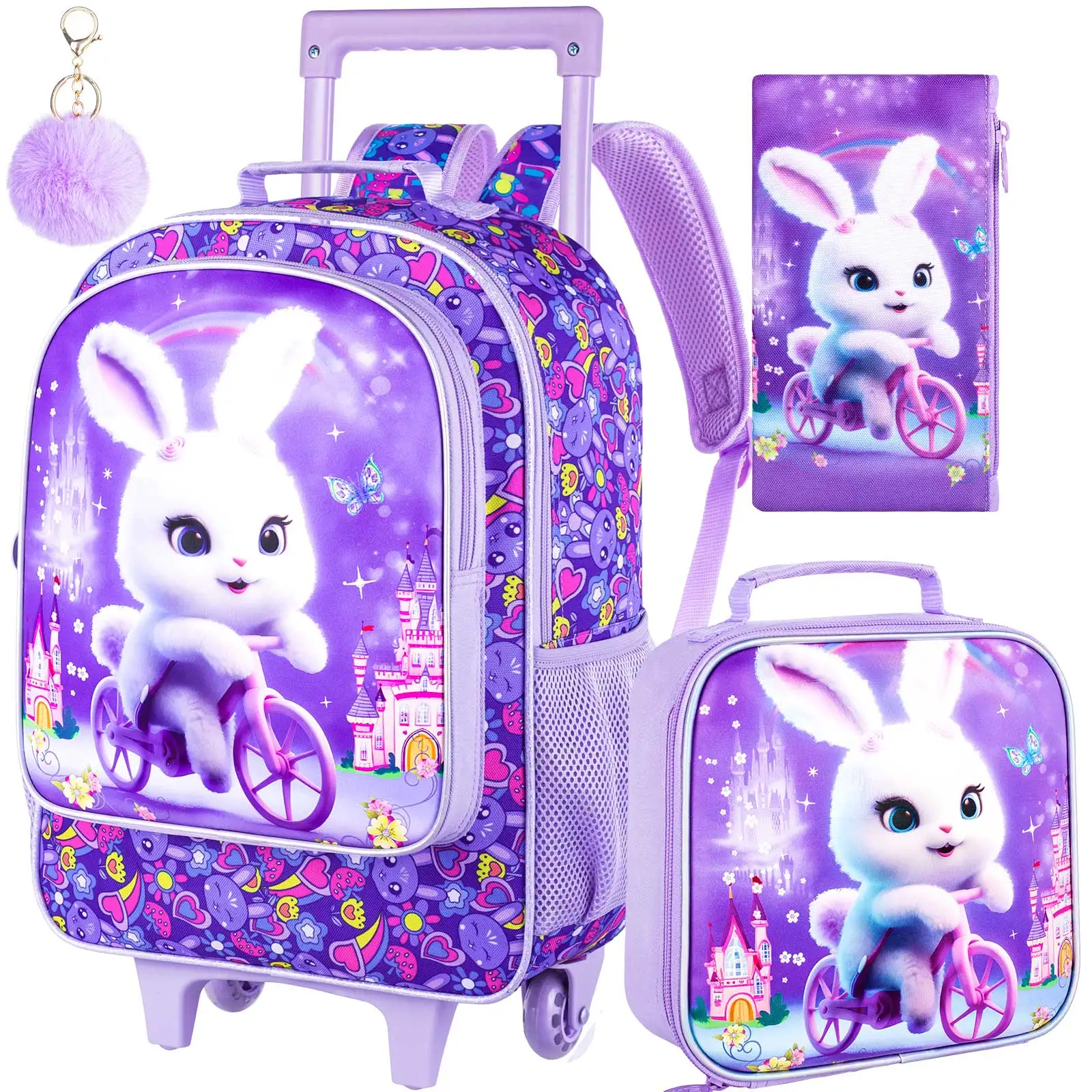 3PCS Rolling Backpack for Girls, Kids Roller Wheels Bookbag, Wheeled Elementary School Bag with Lunch Bag - Rabbit 3PCS Rolling Backpack for Girls, Kids Roller Wheels Bookbag, Wheeled Elementary School Bag with Lunch Bag - Rabbit