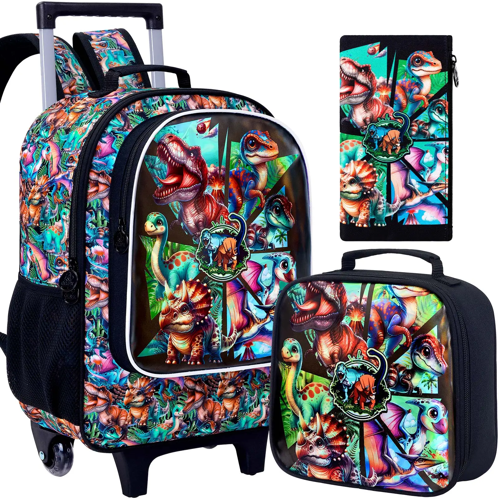 3Pcs Dinosaur Evolution Printed Kawaii Rolling Backpack 