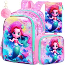 3PCS Backpacks for Girls, 16″ Elementary Kids Cute Mermaid Backpack Preschool School Bookbags and Lunch Box 3PCS Backpacks for Girls, 16