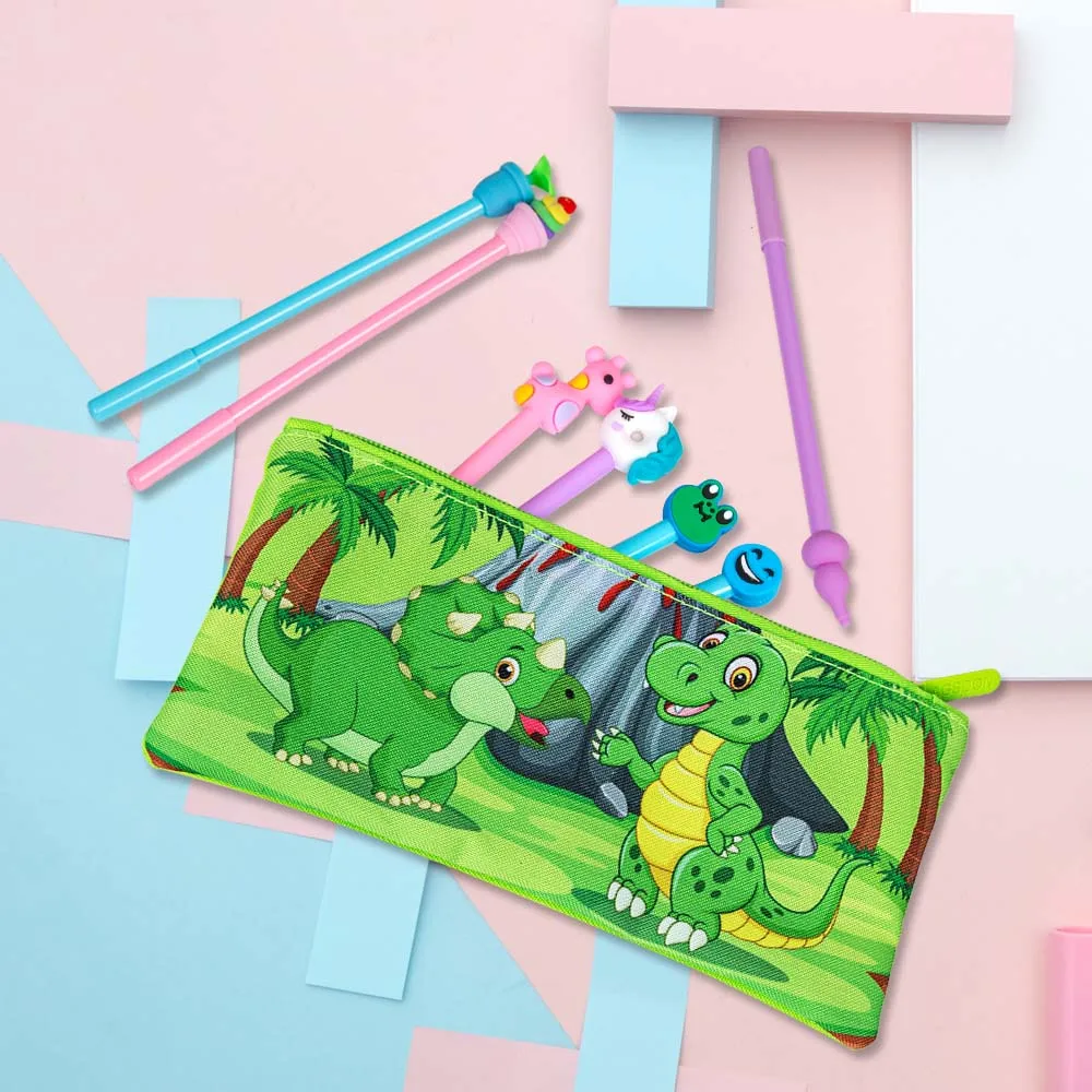 Kawaii Cartoon Dinosaur And Toddler Green Kindergarten School Bag With Pencil Case