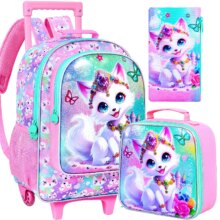 3Pcs Rolling Backpack for Girls, Kids Roller School Backpack with Wheels, Fox Wheeled Bookbag for Elementary Preschool Kindergar 3Pcs Rolling Backpack for Girls, Kids Roller School Backpack with Wheels, Fox Wheeled Bookbag for Elementary Preschool Kindergar