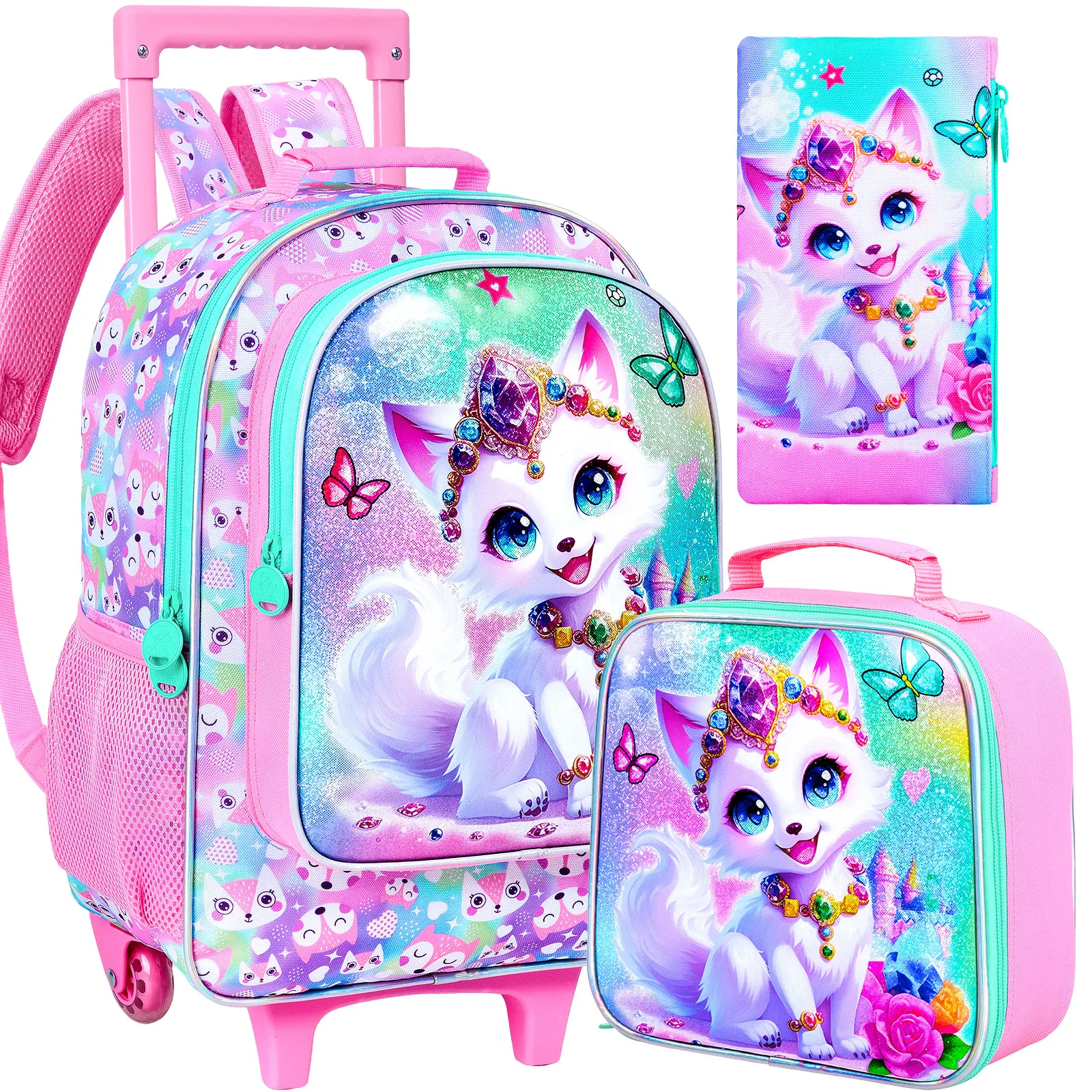 3Pcs Fox Printed Kawaii Rolling Backpack 