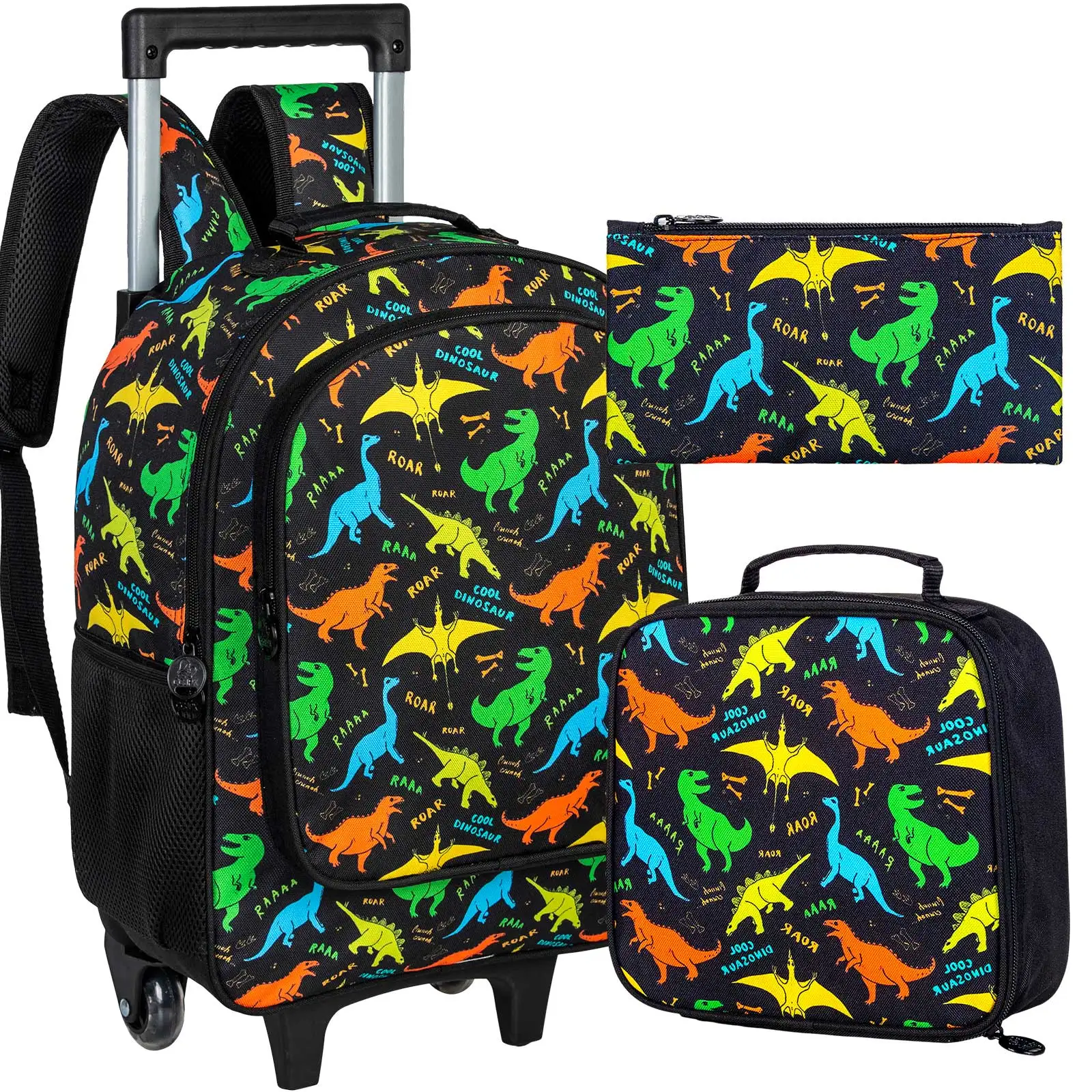 3Pcs Dinosaur Pattern Printed Kawaii Rolling Backpack