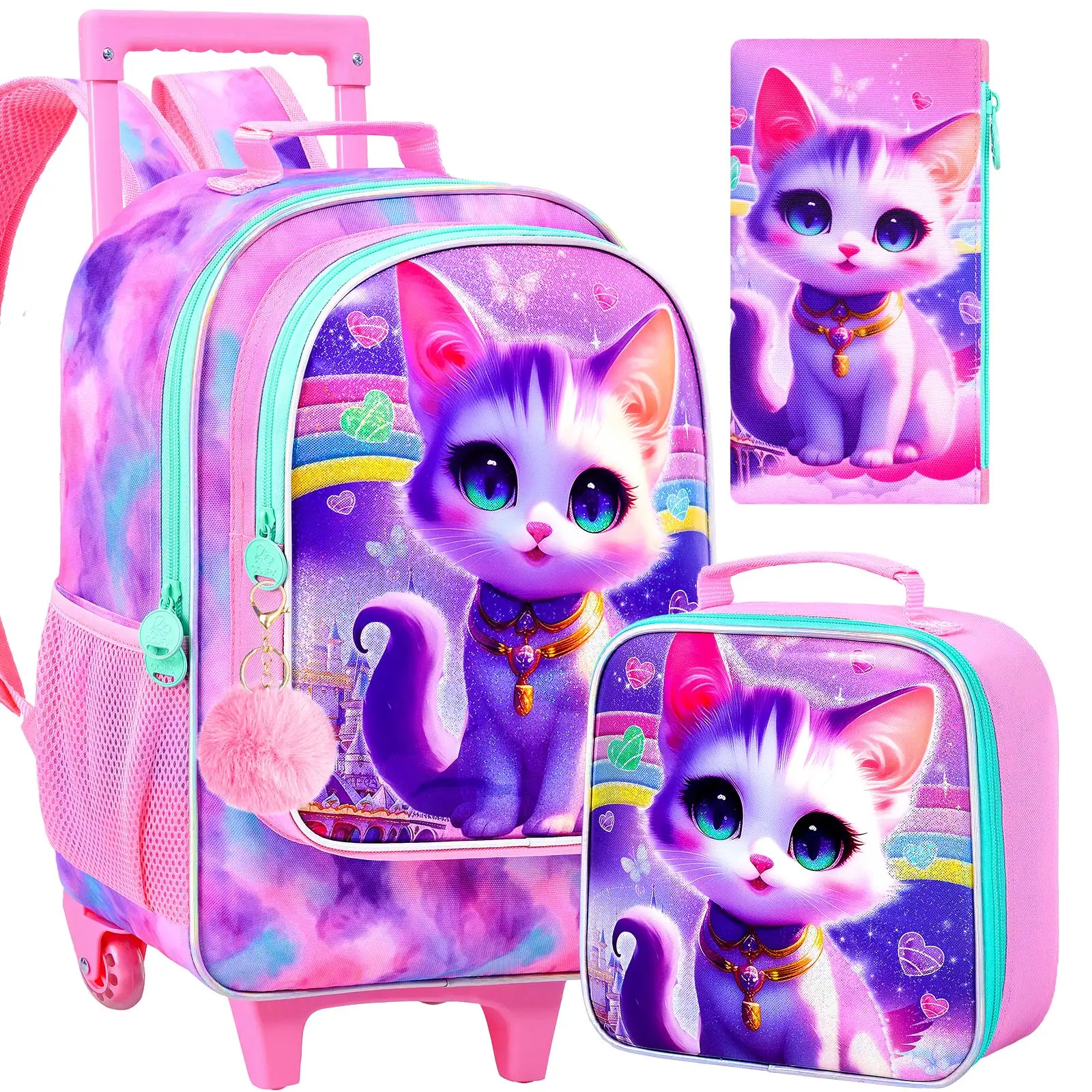 3Pcs Cat Printed Rolling Kawaii Backpack 
