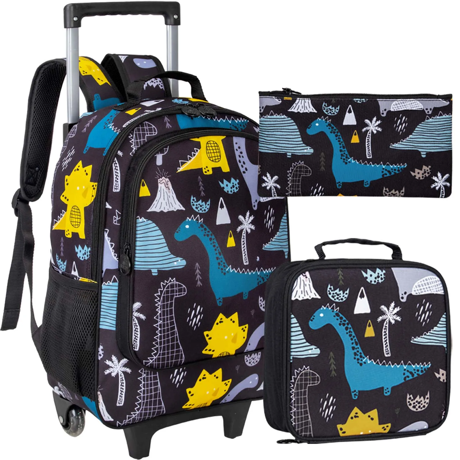 3Pcs Dinosaur Pattern Kawaii Rolling Backpack