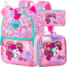 16.5″ Unicorn Backpack for Girls, 3Pcs Kids Rainbow Bookbag Set for Kindergarten/Preschool/Elementary School?Waterproof Lightwei 16.5