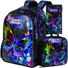 16″ Kids Backpack for Girls, 3Pcs School Bookbag with Lunch Box, Butterfly Backpacks Set for Elementary Preschool Kindergarten(B 16