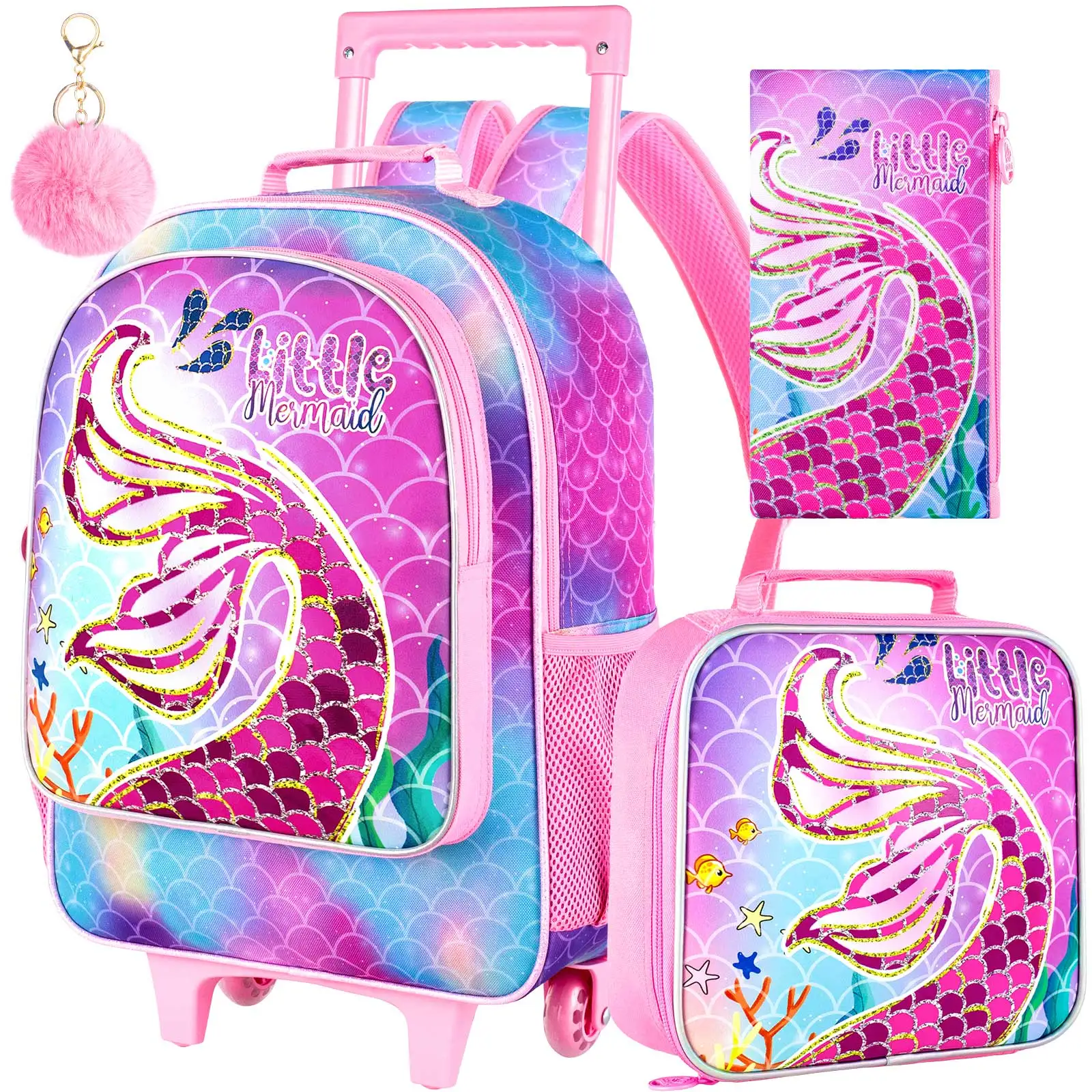 3Pcs Mermaid Printed Kawaii Rolling Backpack 3Pcs Mermaid Printed Kawaii Rolling Backpack