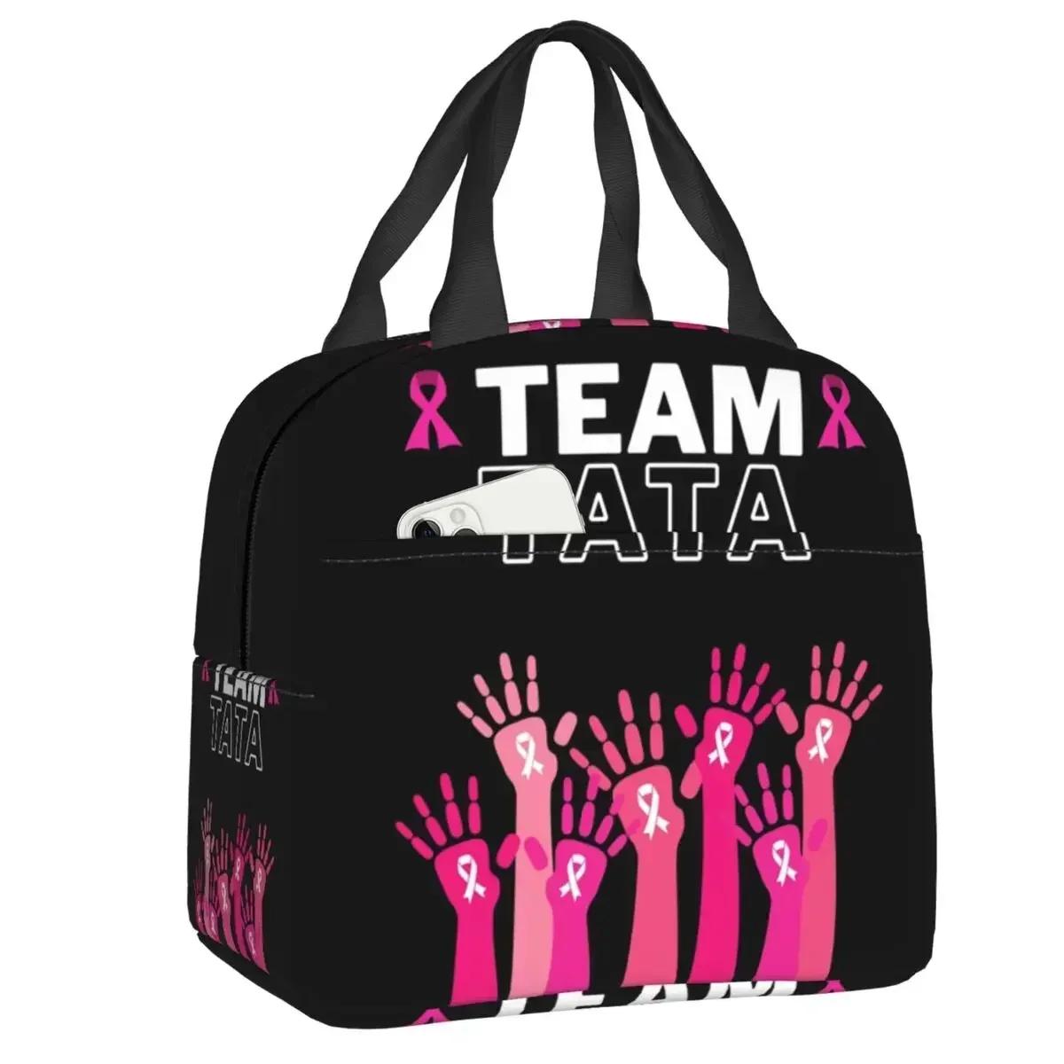 Kawaii Breast Cancer Awareness Ribbon Printed Black Insulated Lunch Bag