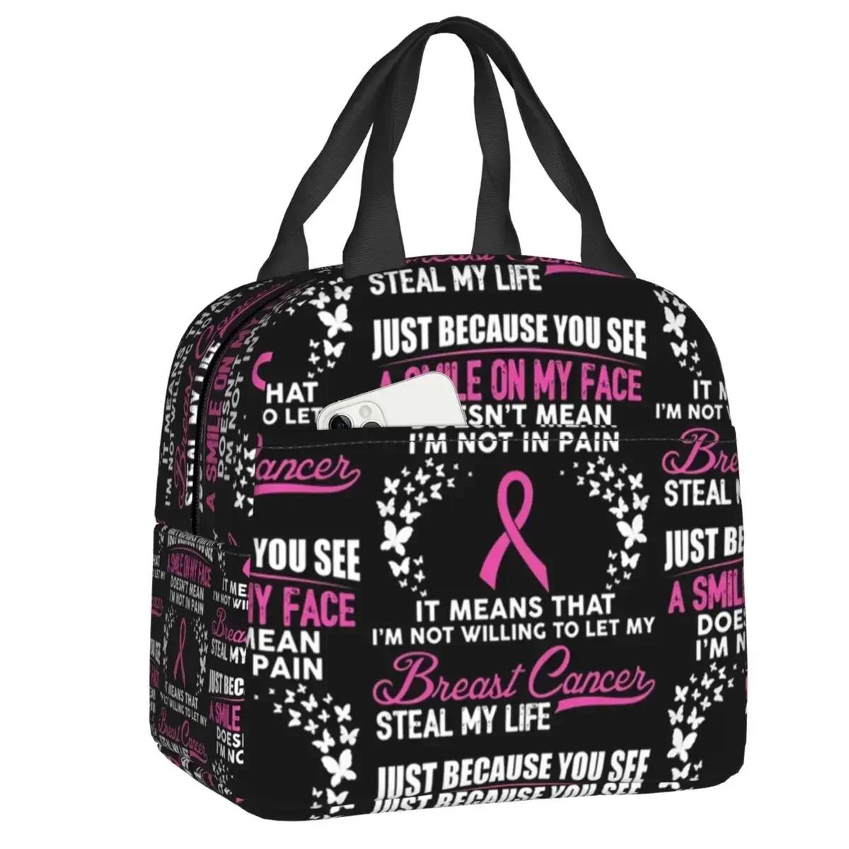 Kawaii Breast Cancer Awareness Ribbon Printed Black Lunch Bag
