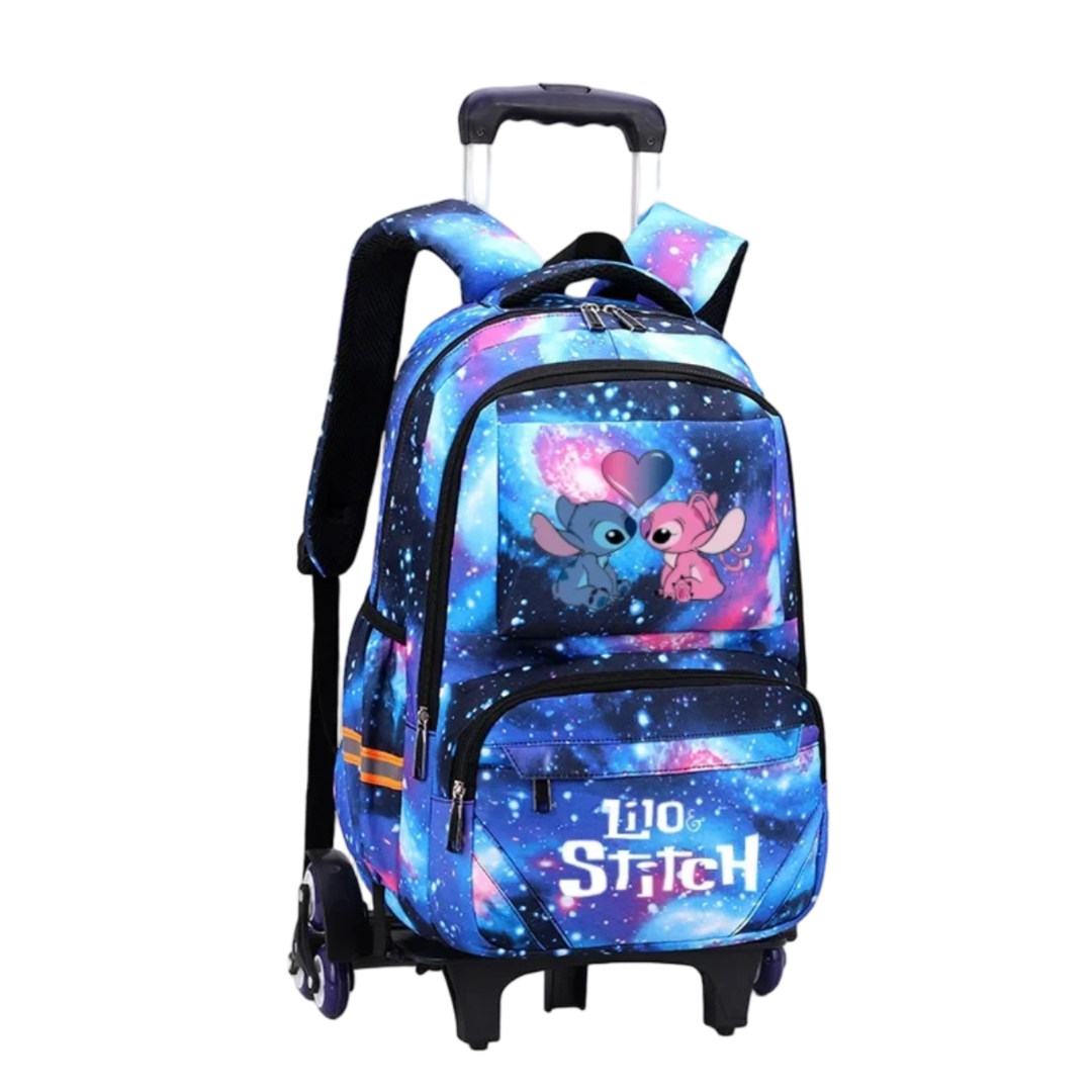 Cartoon Kawaii Stitch And Angel Trolley Luggage Travel Backpack With Rolling Wheels