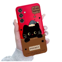 Kawaii Black Cat Printed Red Phone Case For Samsung Galaxy Kawaii Black Cat Printed Red Phone Case For Samsung Galaxy