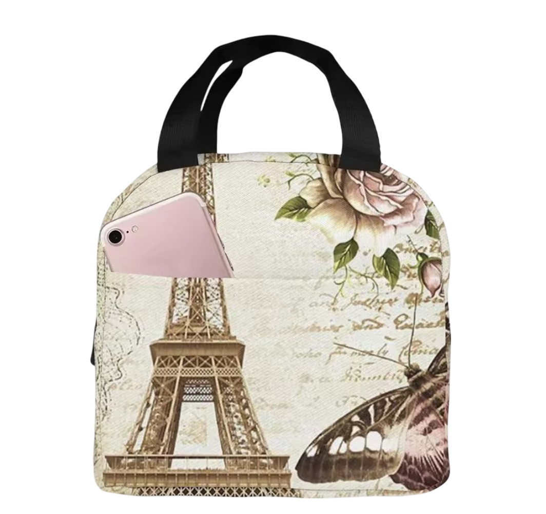 Kawaii Paris Eiffel Tower With Butterfly And Flower Lunch Bag