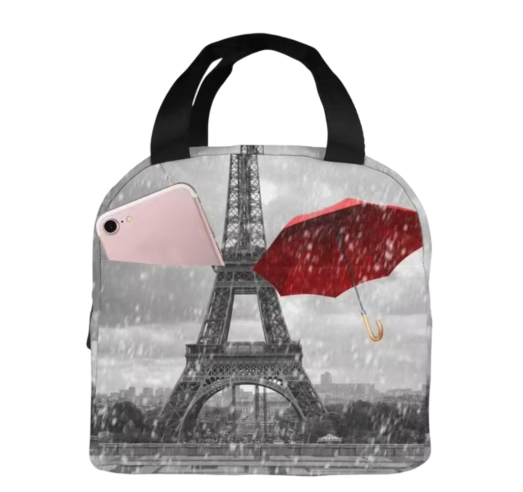 Kawaii Rainy Paris Eiffel Tower With Umbrella Lunch Bag