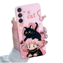 Kawaii Cartoon Black Cat With Girl Phone Case For Samsung Galaxy Kawaii Cartoon Black Cat With Girl Phone Case For Samsung Galaxy