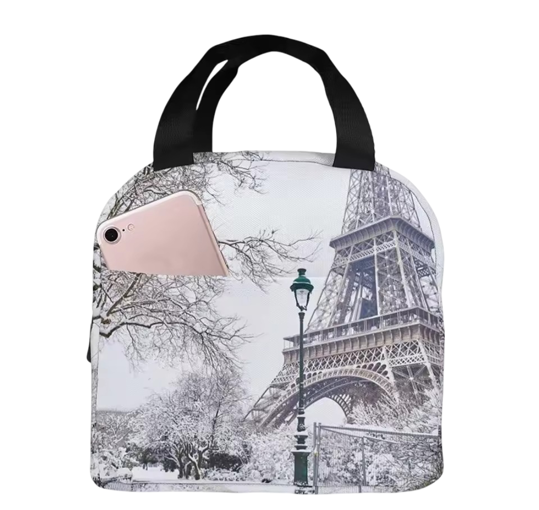 Kawaii Paris Eiffel Tower Printed White Lunch Bag