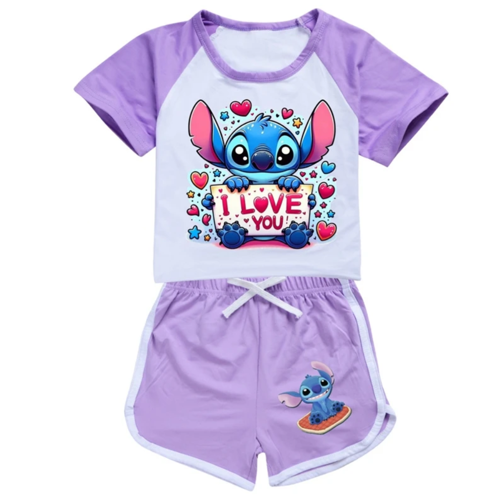Kawaii Cartoon Lilo And Stitch T-Shirt And Shorts Set