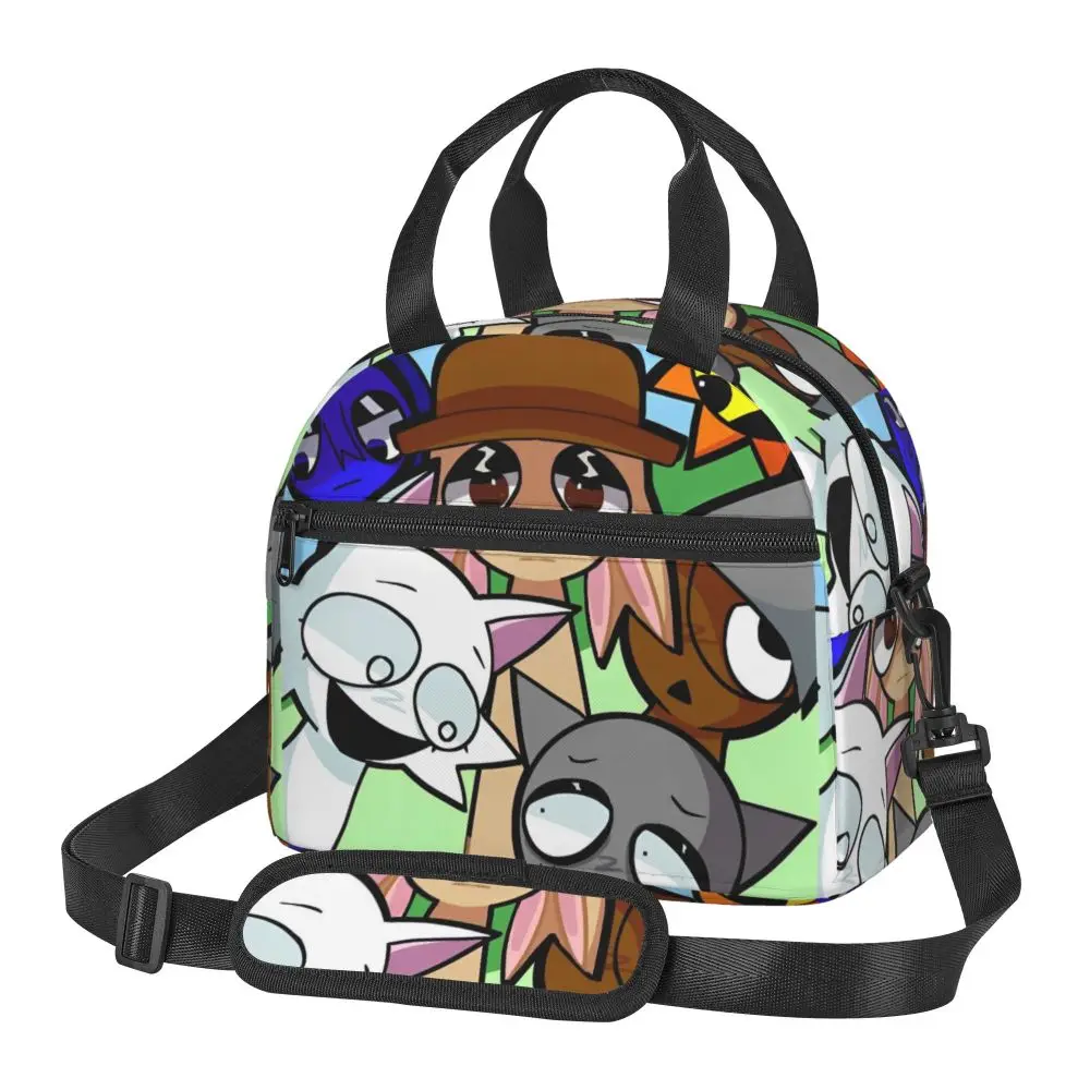 Kawaii Cartoon Incredibox Sprunki Character Student Insulated Lunch Bag With Adjustable Shoulder Strap