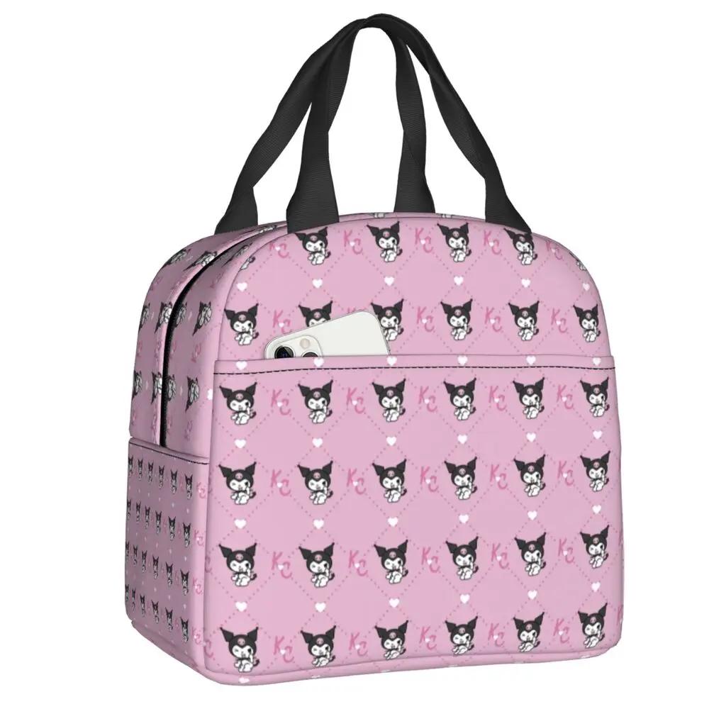 Sanrio Kawaii Cartoon Kuromi Pattern Printed Pink Insulated Lunch Bag