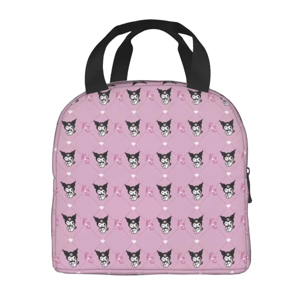 Sanrio Kawaii Cartoon Kuromi Pattern Printed Pink Insulated Lunch Bag