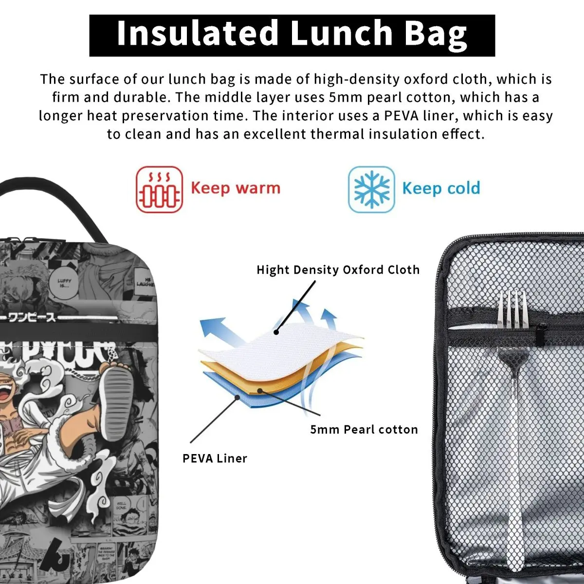 Anime Kawaii One Piece Gear 5 Luffy Printed Insulated Lunch Bag