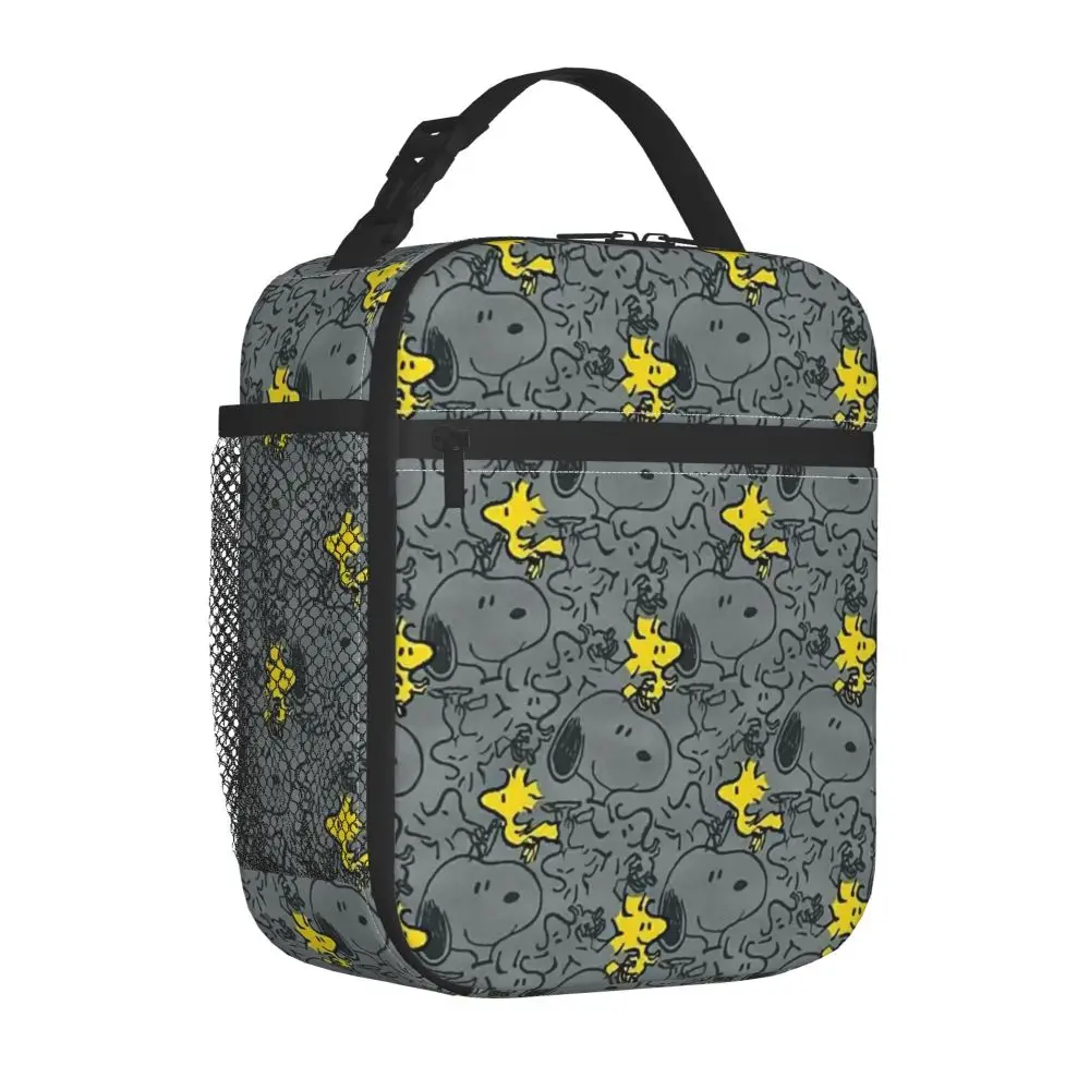 Kawaii Cartoon Snoopy And Woodstock Pattern Black Insulated Lunch Bag Kawaii Cartoon Snoopy And Woodstock Pattern Black Insulated Lunch Bag