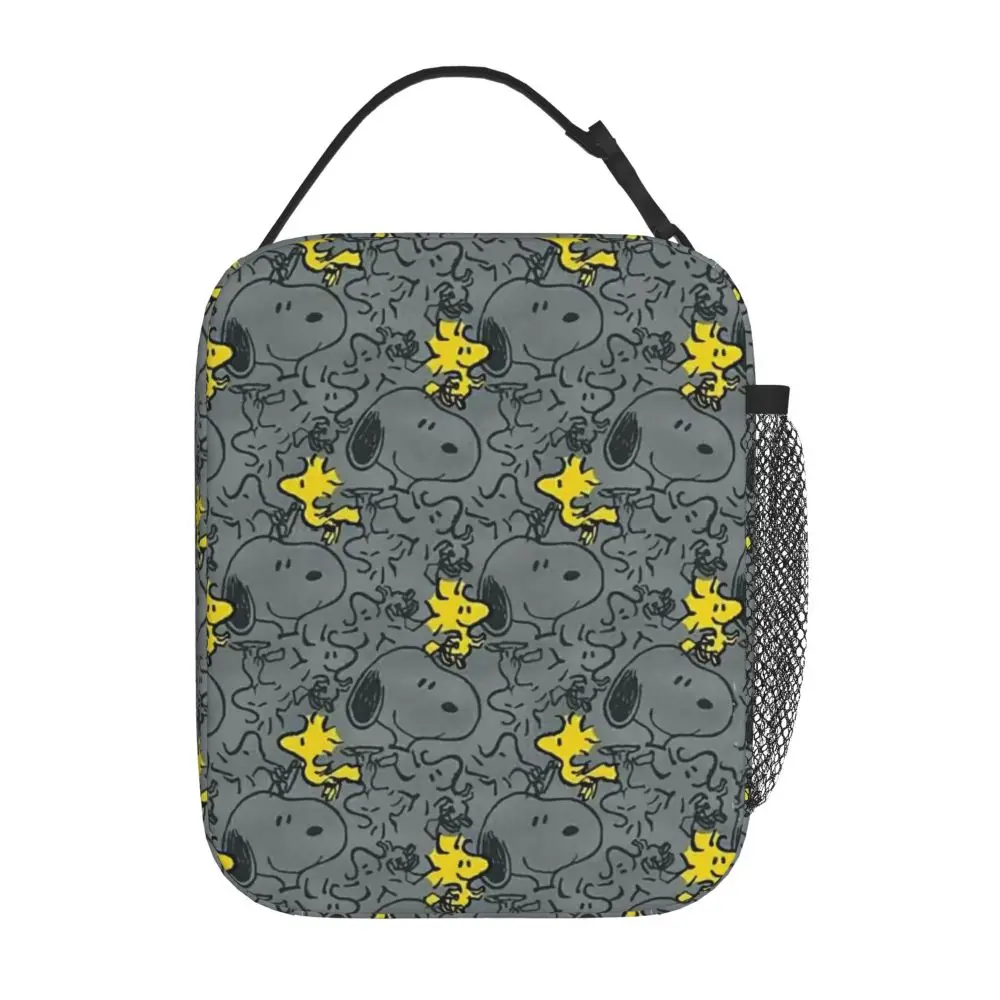 Kawaii Cartoon Snoopy And Woodstock Pattern Black Insulated Lunch Bag Kawaii Cartoon Snoopy And Woodstock Pattern Black Insulated Lunch Bag