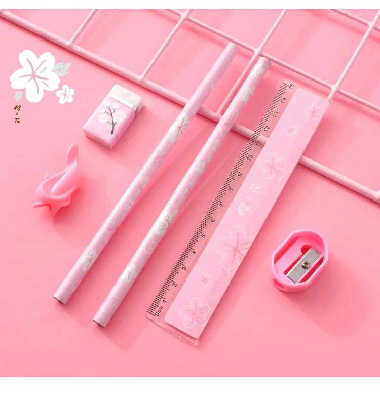 6Pcs/Set Kawaii Stationery Set Pencils With Eraser Ruler Sharpener 6Pcs/Set Kawaii Stationery Set Pencils With Eraser Ruler Sharpener