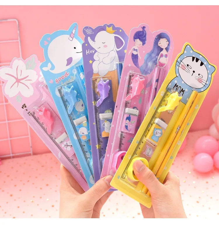 6Pcs/Set Kawaii Stationery Set Pencils With Eraser Ruler Sharpener 6Pcs/Set Kawaii Stationery Set Pencils With Eraser Ruler Sharpener