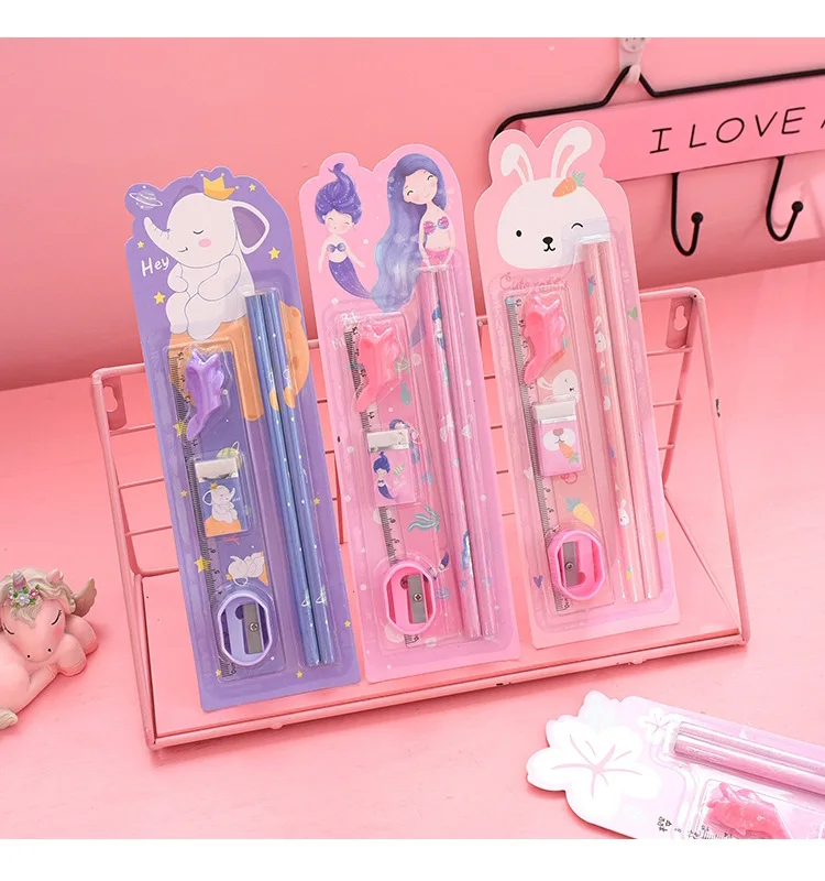 6Pcs/Set Kawaii Stationery Set Pencils With Eraser Ruler Sharpener 6Pcs/Set Kawaii Stationery Set Pencils With Eraser Ruler Sharpener