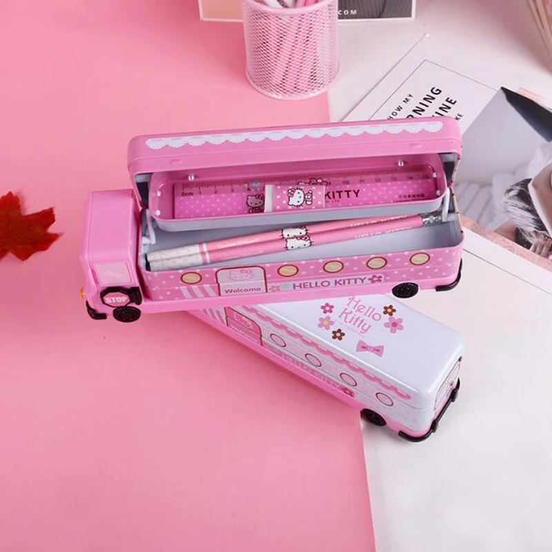 Kawaii Hello Kitty Truck Double-Deck Tinplate Multifunction Large-Capacity Pen Box