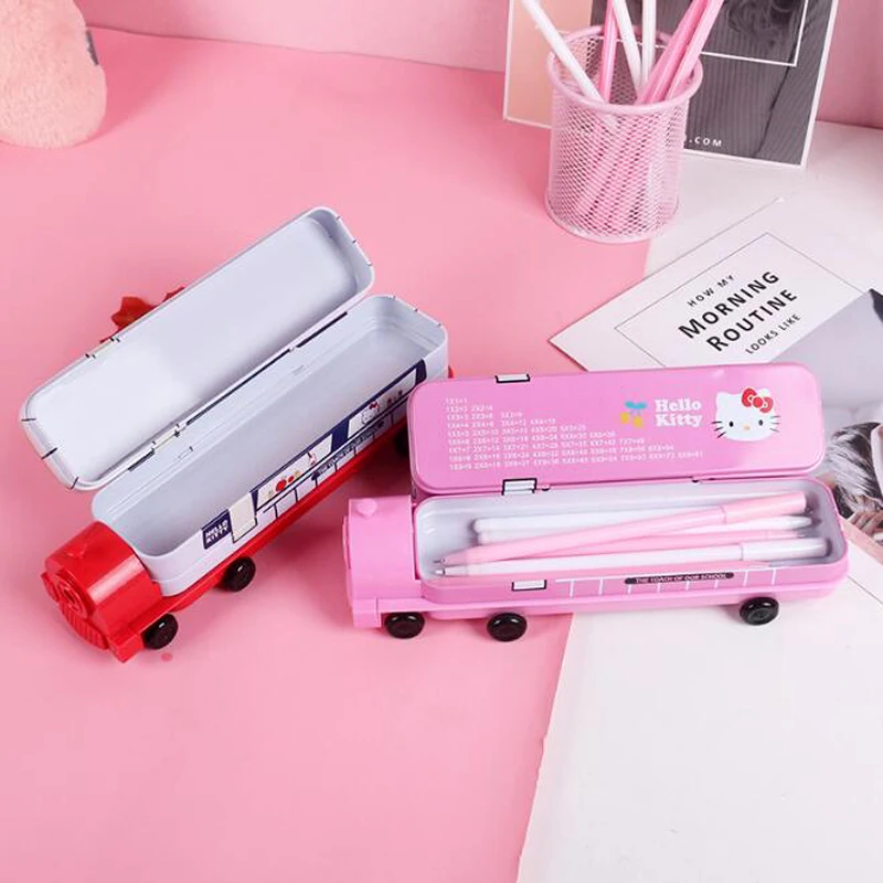 Kawaii Hello Kitty Truck Double-Deck Tinplate Multifunction Large-Capacity Pen Box