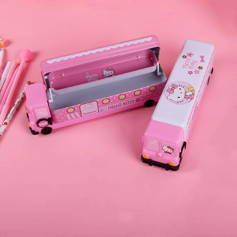 Kawaii Hello Kitty Truck Double-Deck Tinplate Multifunction Large-Capacity Pen Box