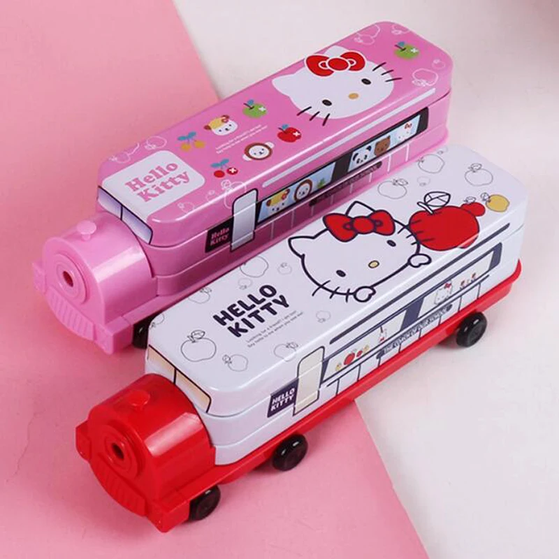 Kawaii Hello Kitty Truck Double-Deck Tinplate Multifunction Large-Capacity Pen Box