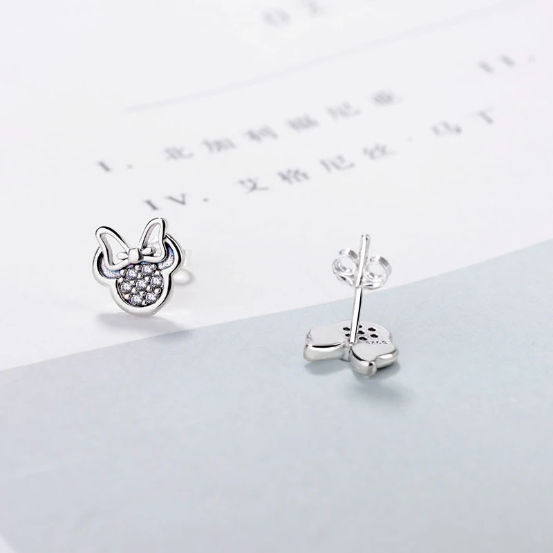 White Mickey Shape Sparkling Silver Color Stud Earrings