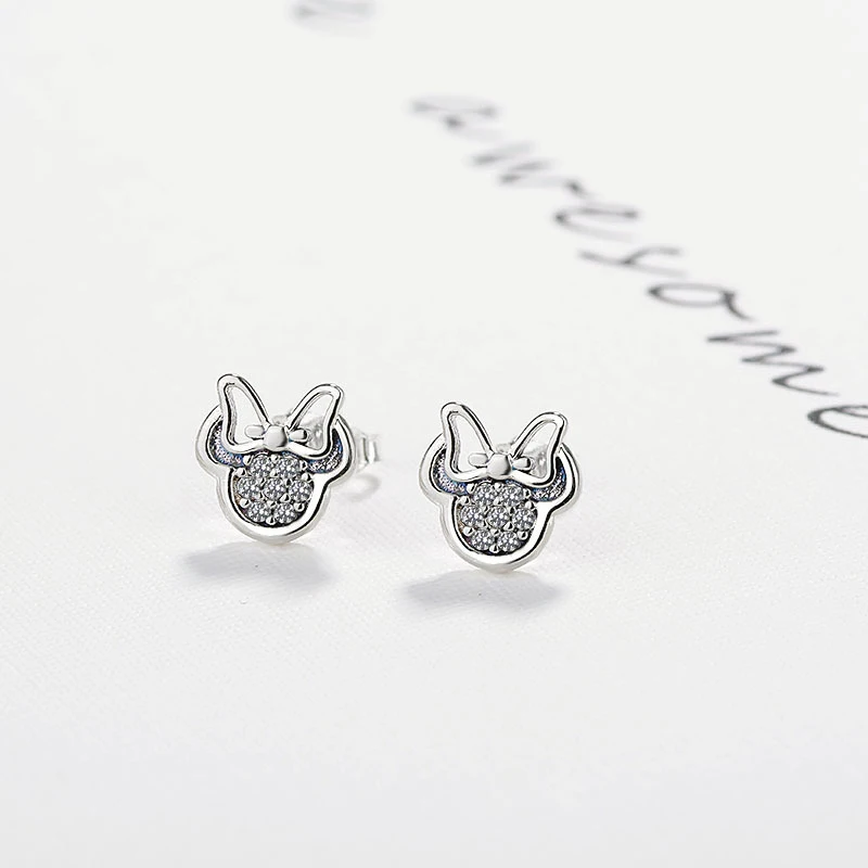 White Mickey Shape Sparkling Silver Color Stud Earrings