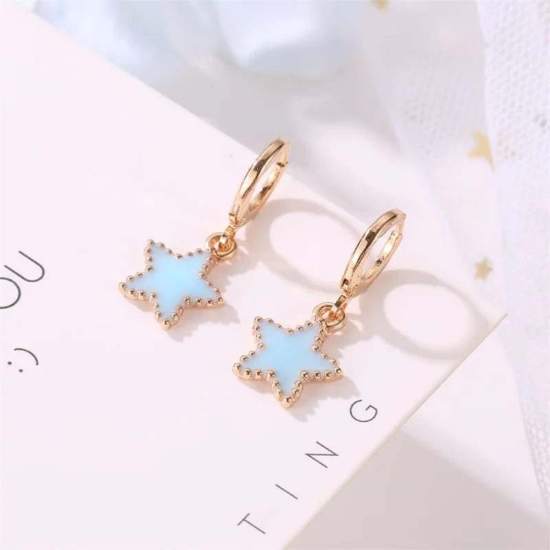 Blue Drop Glaze Star Charming Hoop Earrings