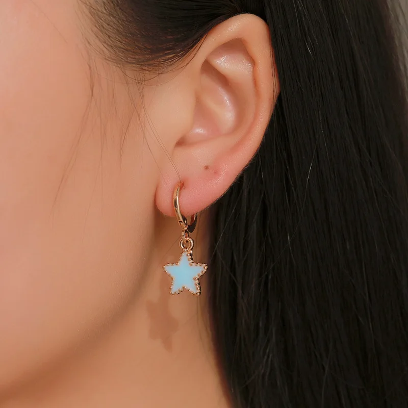Blue Drop Glaze Star Charming Hoop Earrings