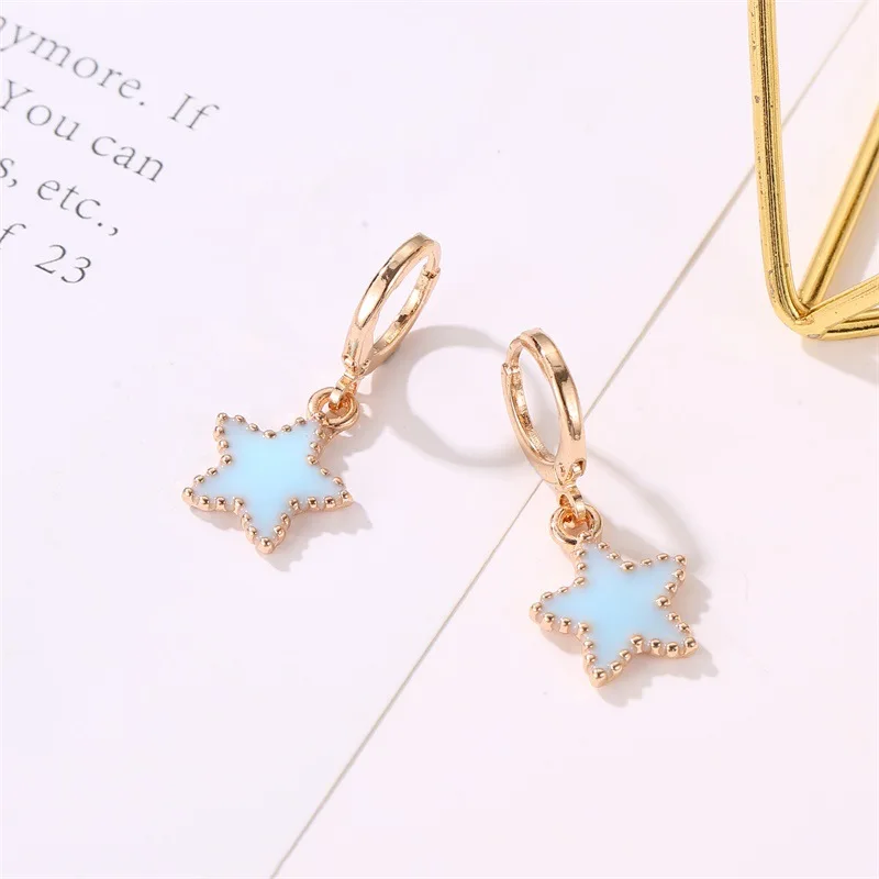 Blue Drop Glaze Star Charming Hoop Earrings
