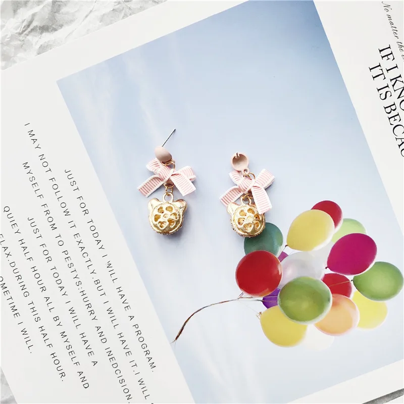 Little Bear Head Cartoon Bow Knot Zircon Stud Earrings