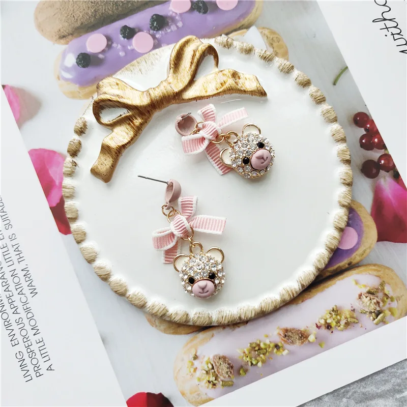 Little Bear Head Cartoon Bow Knot Zircon Stud Earrings