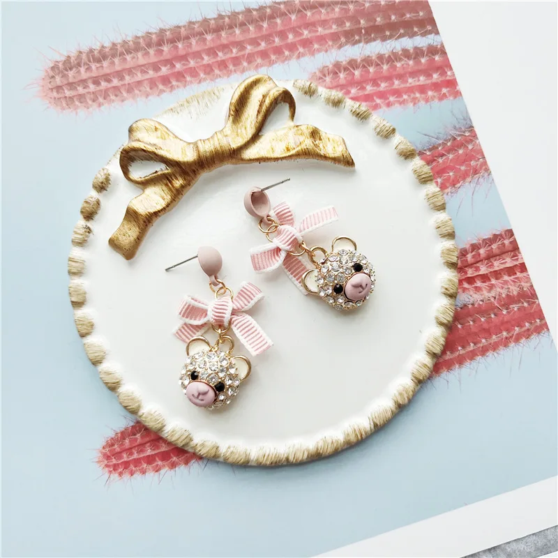Little Bear Head Cartoon Bow Knot Zircon Stud Earrings