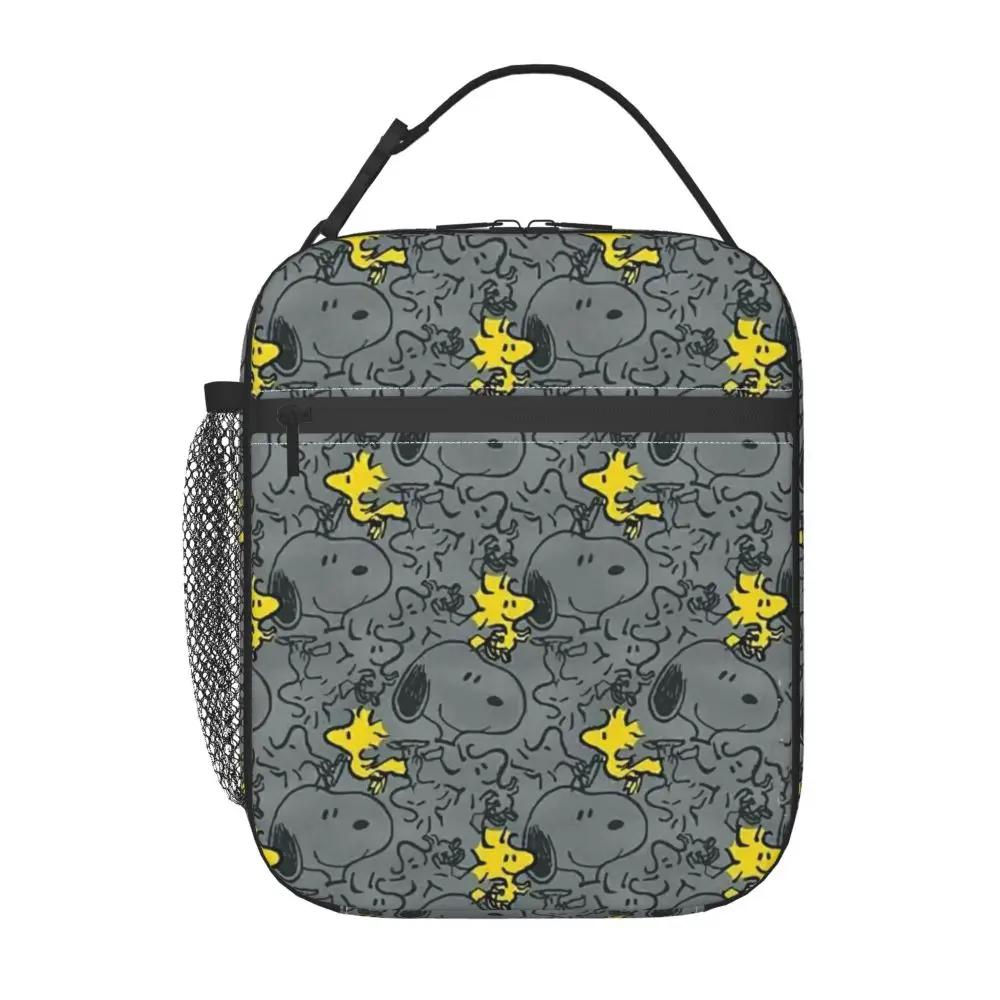 Kawaii Cartoon Snoopy And Woodstock Pattern Black Insulated Lunch Bag Kawaii Cartoon Snoopy And Woodstock Pattern Black Insulated Lunch Bag
