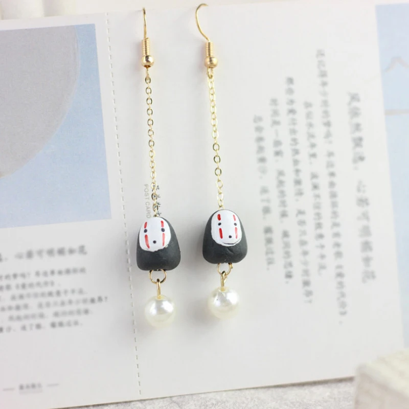 Ceramic Totoro Anime Style Long Chain Earrings With Pearl Simple Tassels