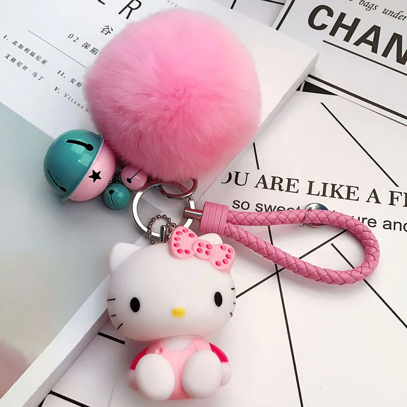 Hello Kitty PomPom Cartoon Keyring With Fur Ball