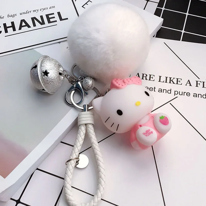 Hello Kitty PomPom Cartoon Keyring With Fur Ball