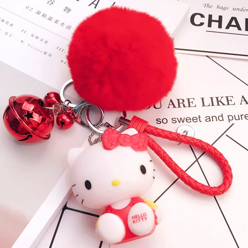 Hello Kitty PomPom Cartoon Keyring With Fur Ball